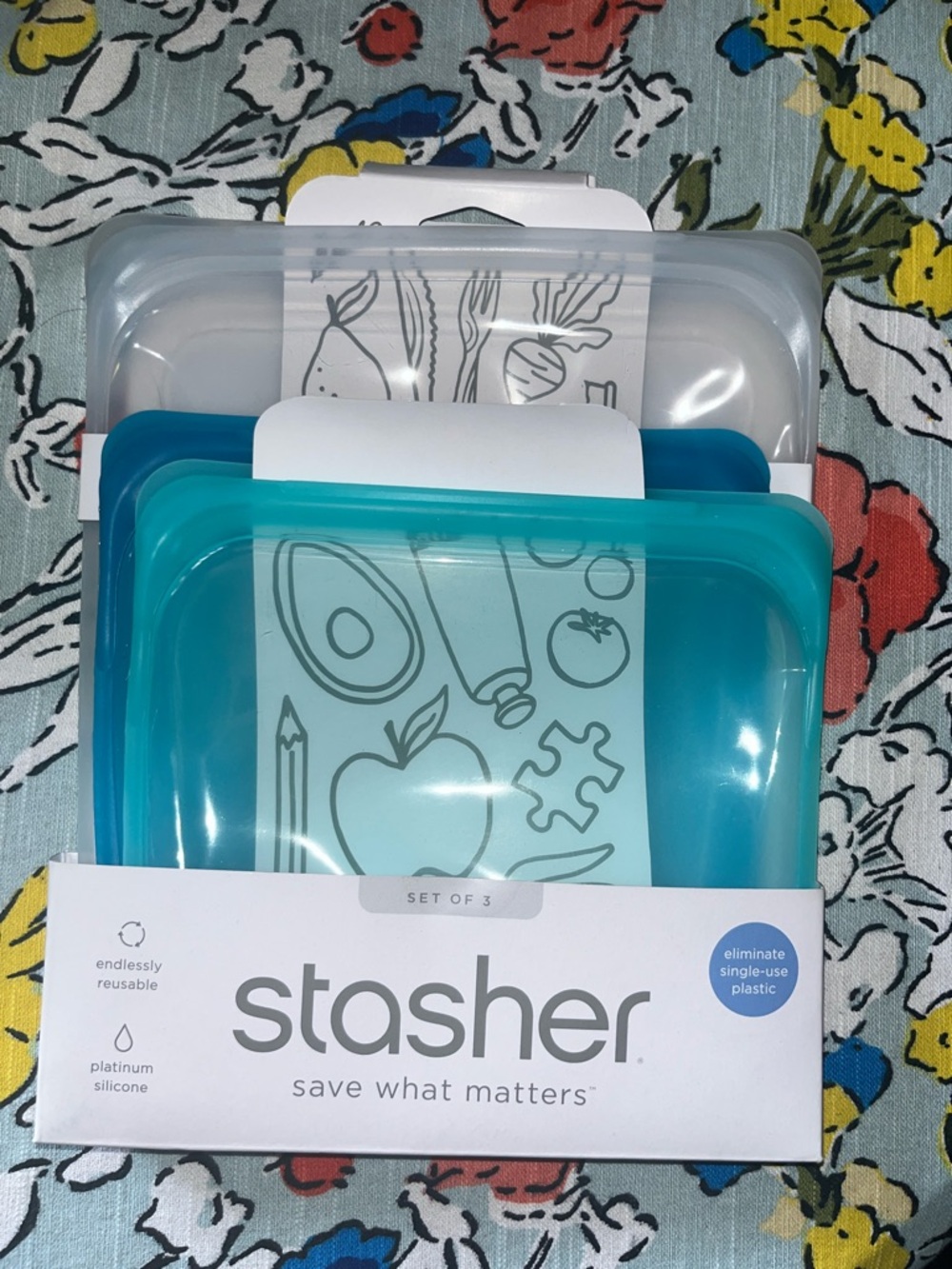 NWT Set of 3: Stasher Reusable Silicone Storage Bags - Clear, Teal, & Blue